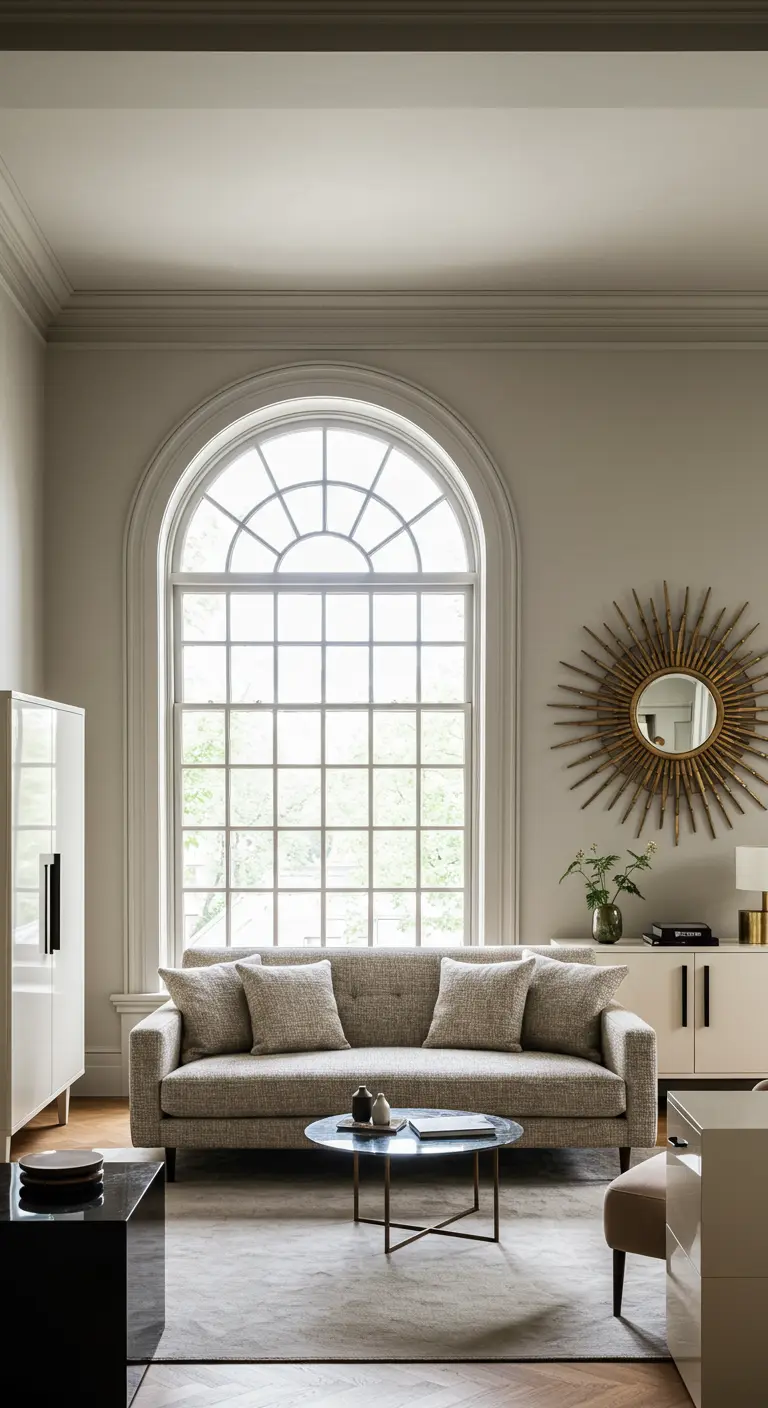 A neutral living room with a large arched window and a simple gold sunburst mirror.