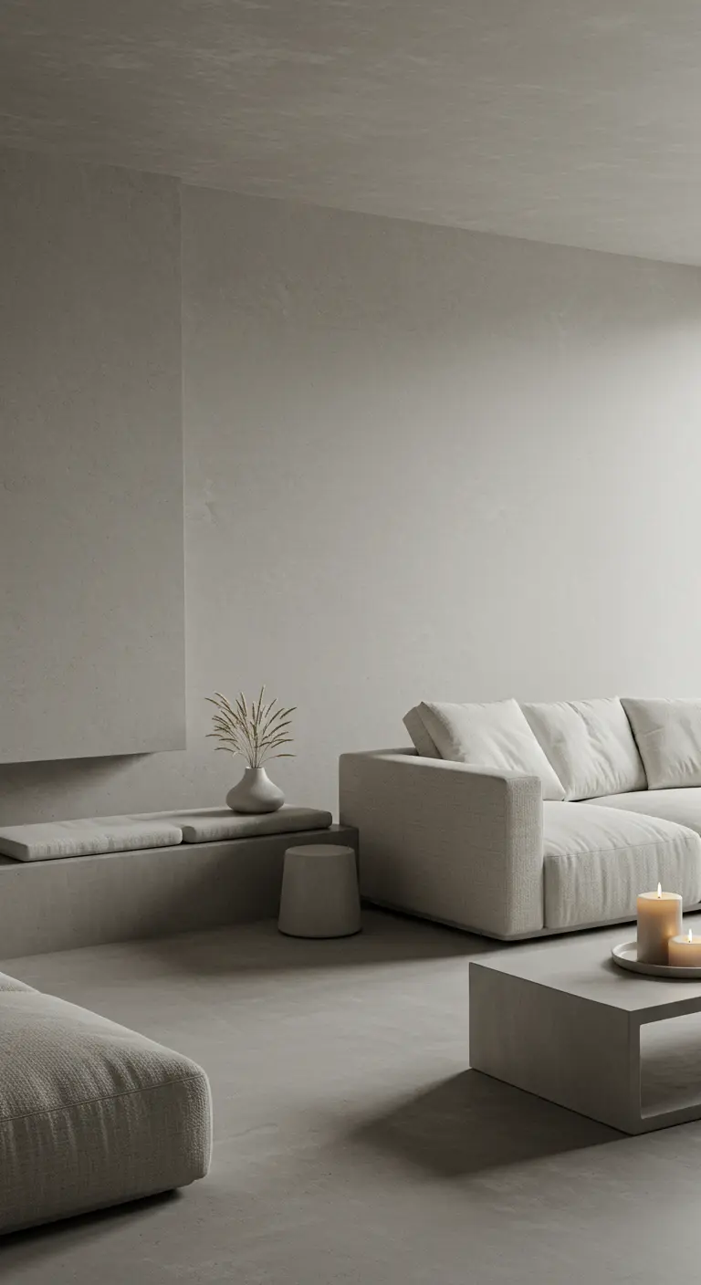 Minimalist living room with concrete walls, a built-in bench, and a simple low sofa.