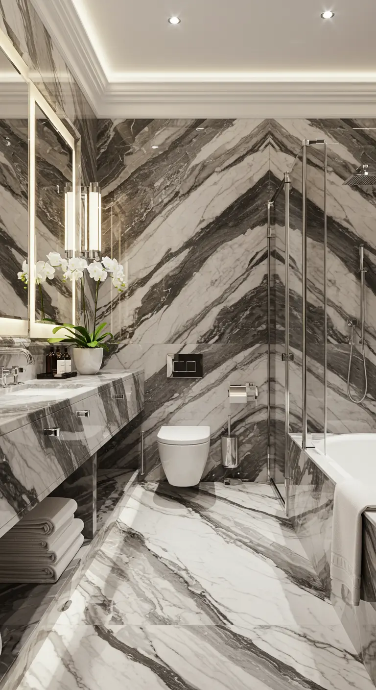Bathroom with dramatic, diagonally veined book-matched marble walls and floor.