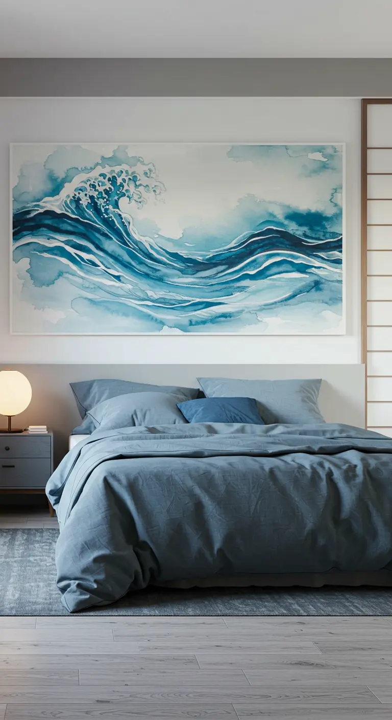 Bedroom with a large, dramatic watercolor painting of ocean waves above the bed.