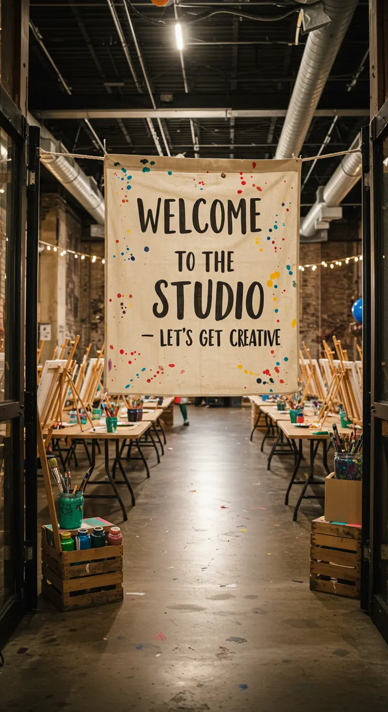A large canvas banner with paint splatters says 'Welcome to the Studio - Let's Get Creative.'