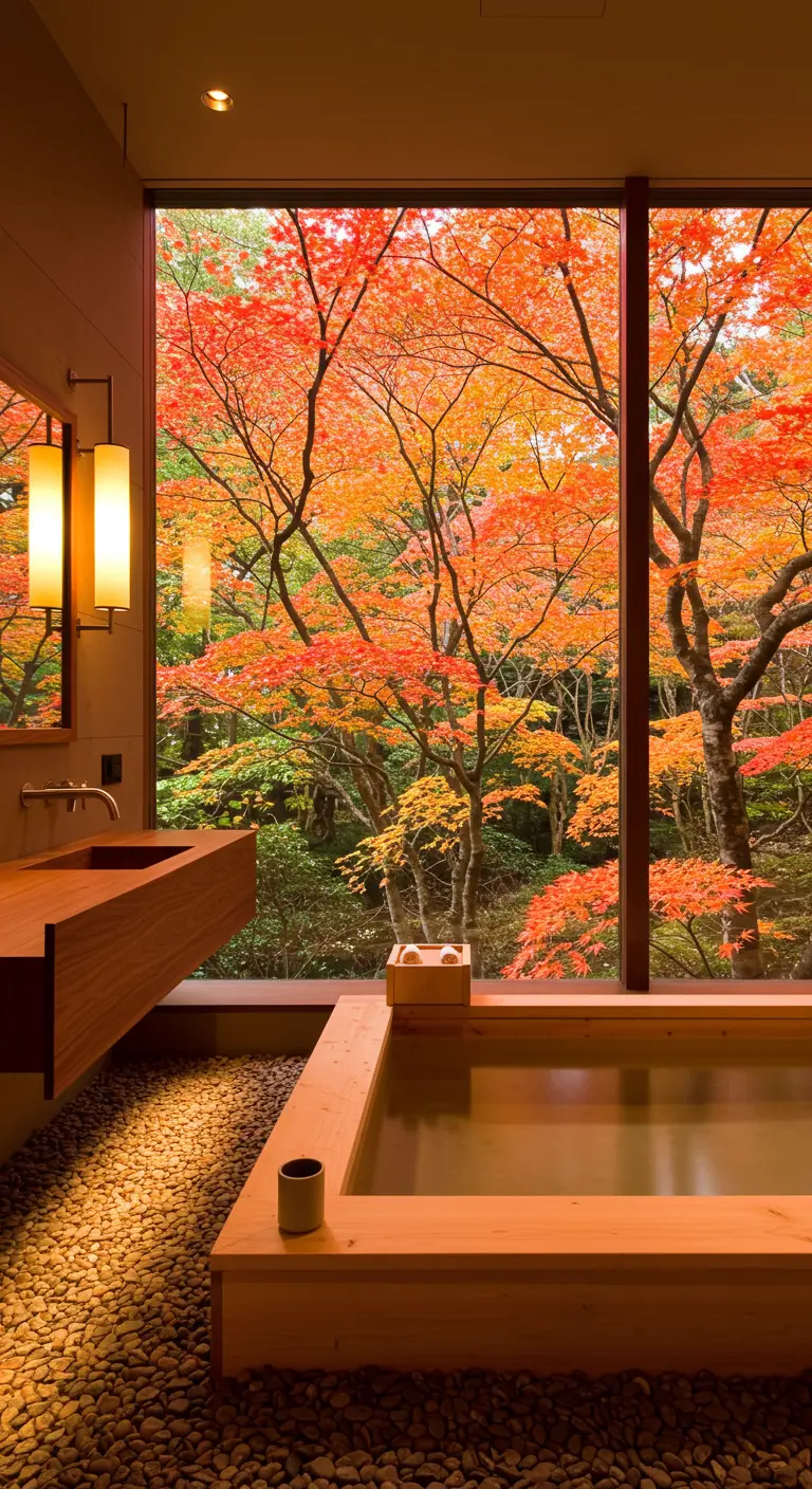 A wooden tub and vanity with a view of a forest in brilliant autumn colors.