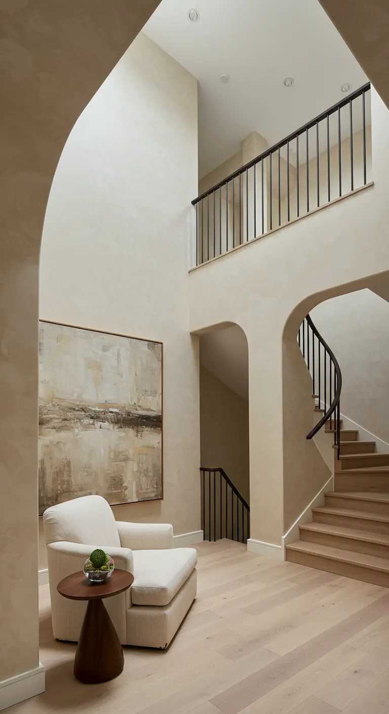 A grand entryway with high ceilings, arched openings, and a curved staircase in a neutral palette.