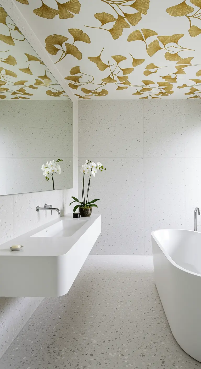 Minimalist terrazzo bathroom with gold ginkgo leaf wallpaper on the ceiling.