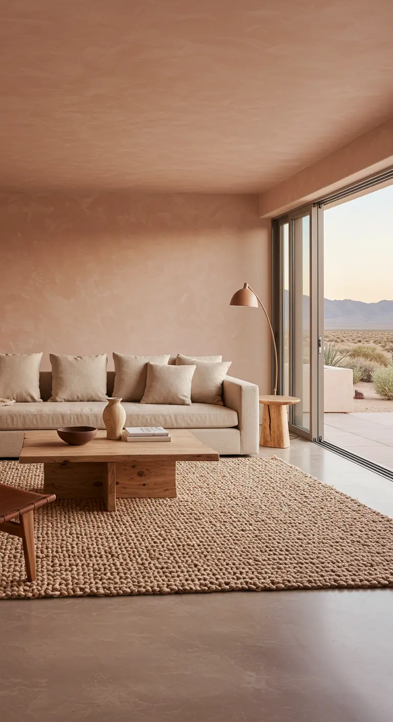 Desert modern living room with warm taupe plaster walls and a view of the landscape.