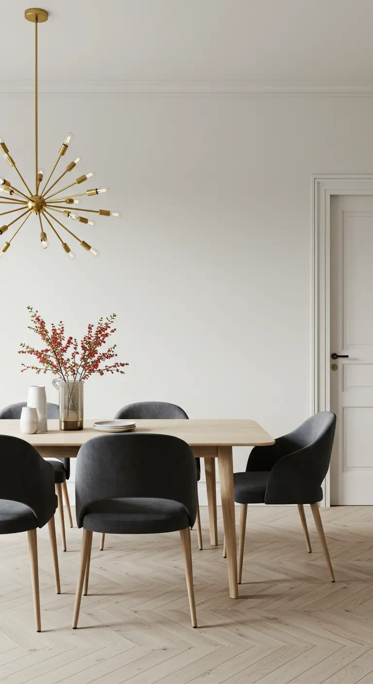 Minimalist dining room with charcoal velvet chairs and a large brass sputnik chandelier.