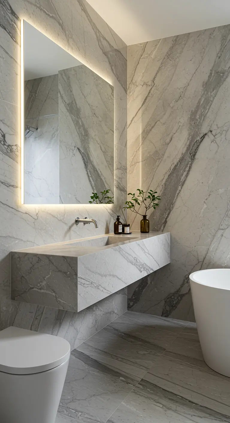 A bathroom fully clad in veined marble with an integrated floating sink and a single vertical light.