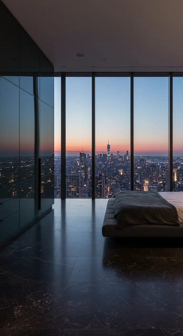 Minimalist bedroom with floor-to-ceiling windows overlooking a city skyline at dusk.