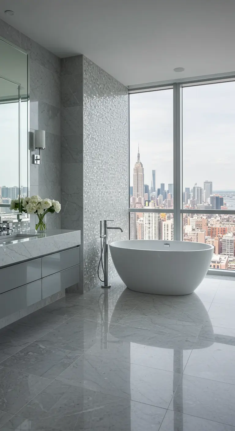 Luxury bathroom with floor-to-ceiling windows overlooking a city skyline.