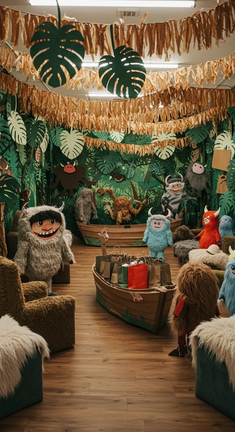A party room decorated like 'Where the Wild Things Are' with paper leaves and monsters.