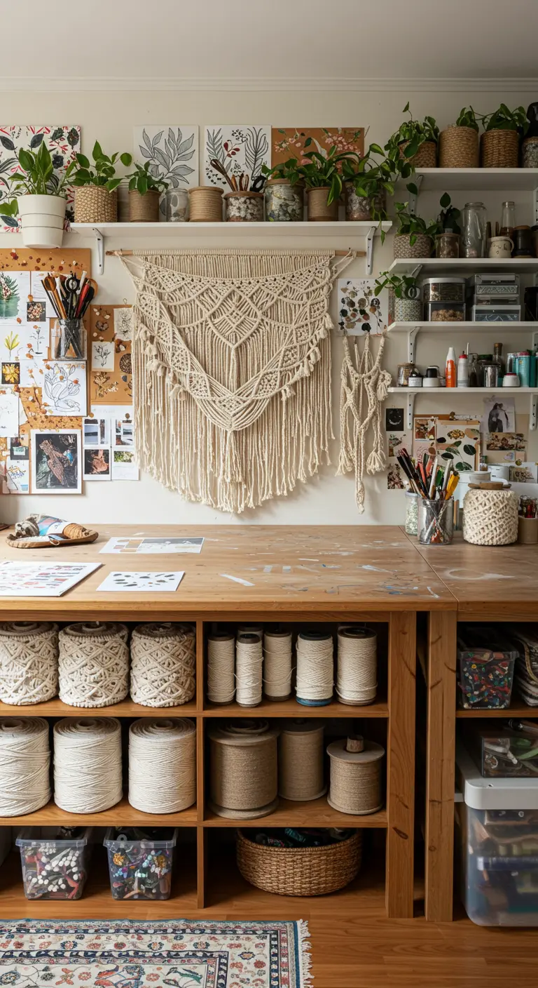 A craft room with a large desk and shelves filled with macrame supplies.