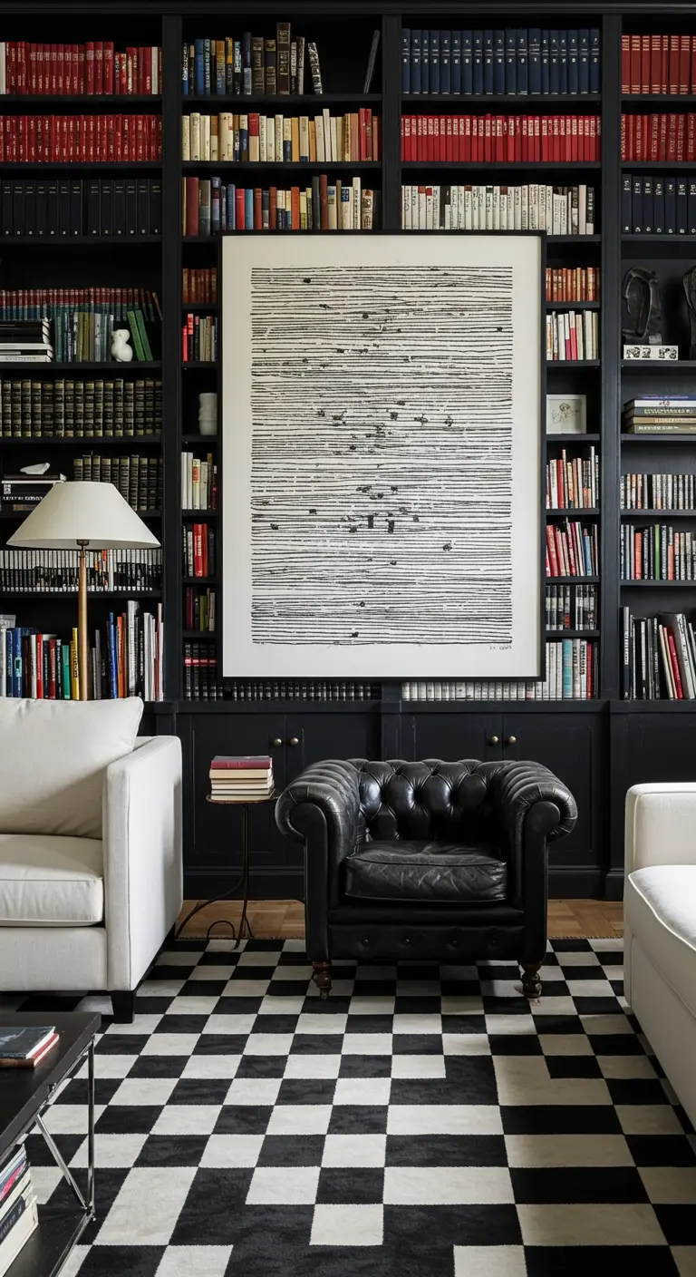 A sophisticated library with black floor-to-ceiling bookshelves and a checkerboard rug.