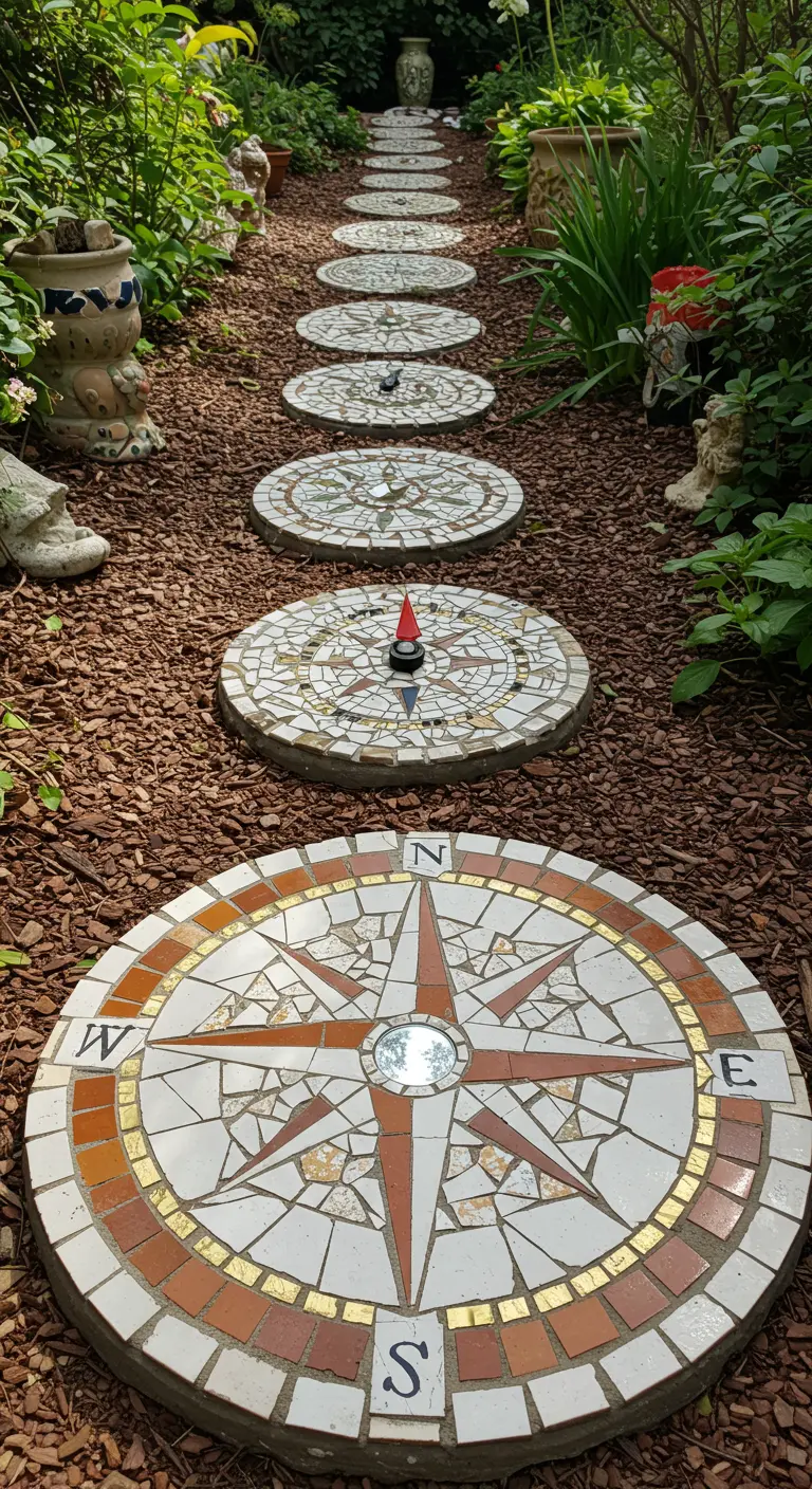 A garden path made of round mosaic stepping stones designed as compass roses.