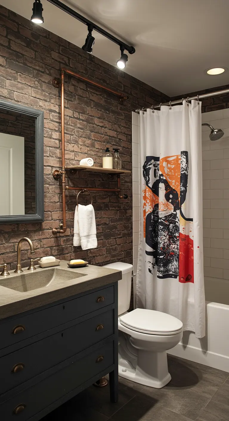 A bathroom with a brick wall and a bold, graphic shower curtain in orange, black, and white.