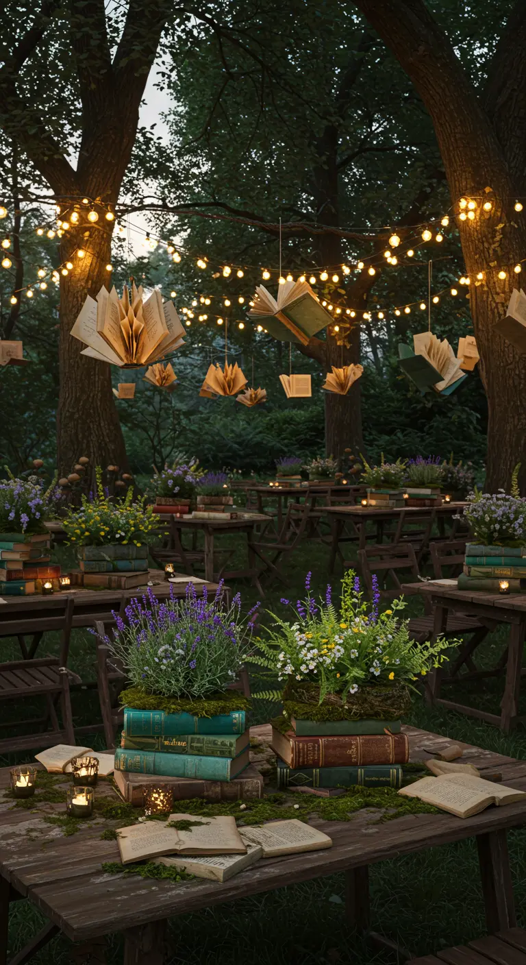Outdoor party with books hanging from trees and book planters on wooden tables.