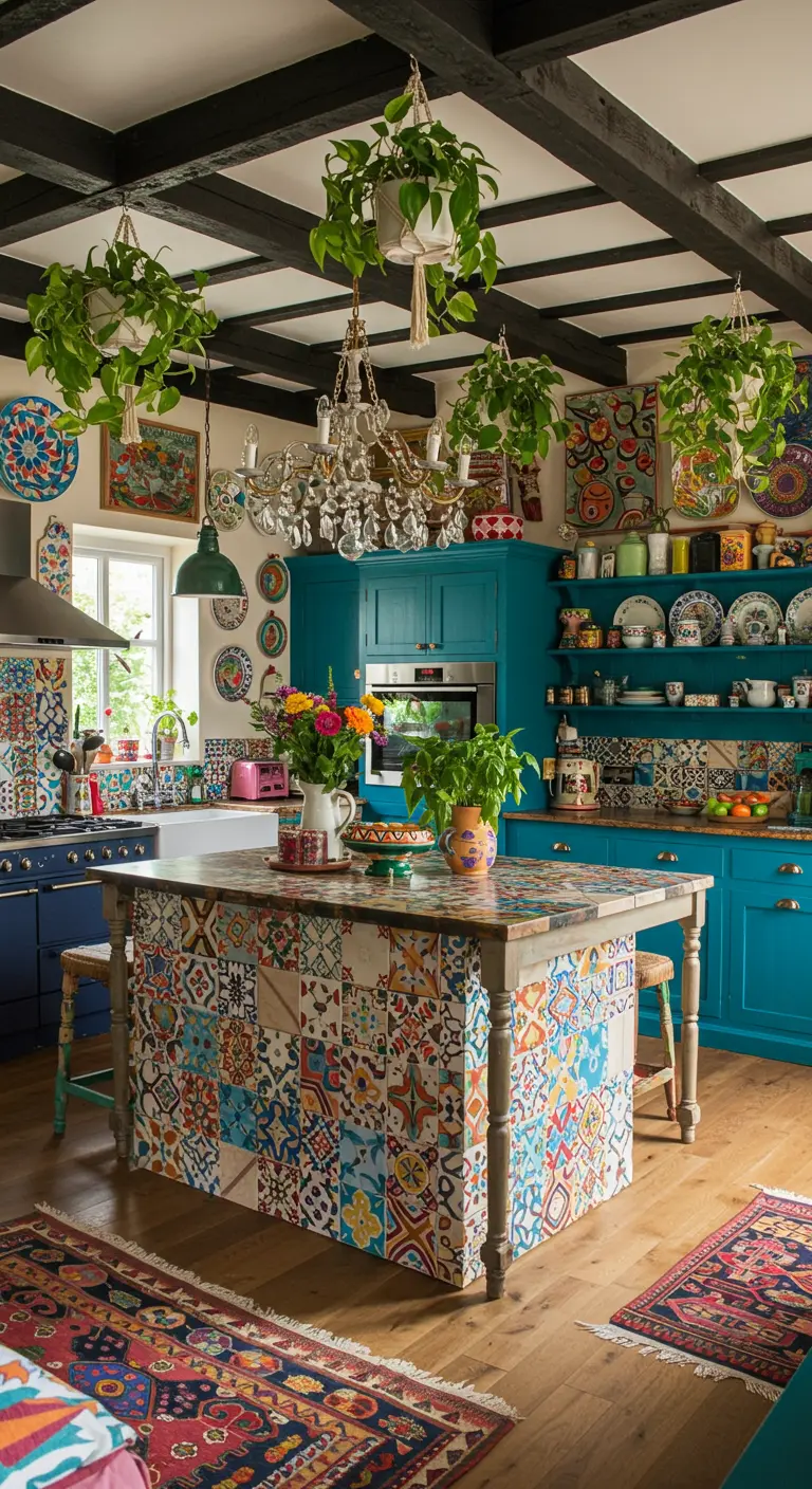 A vibrant, maximalist kitchen with colorful patchwork tiles, teal cabinets, and abundant plants.