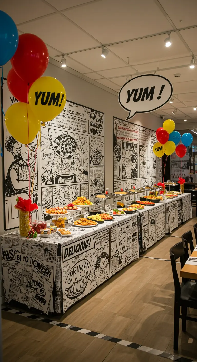 Buffet table decorated with a black-and-white comic strip tablecloth.