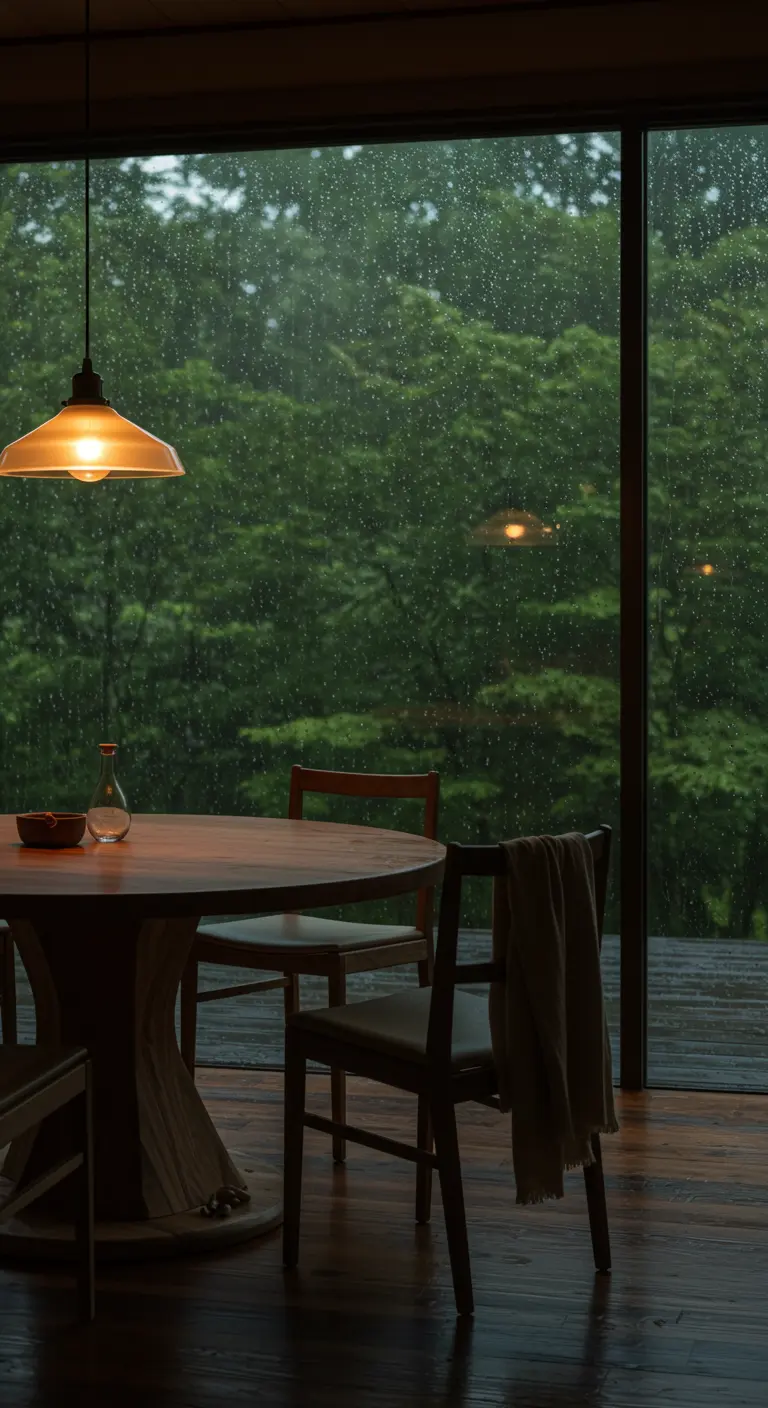A round wooden dining table looking out a large window at a rainy forest.