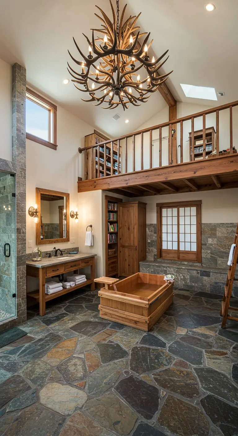 Spacious rustic bathroom with a wooden soaking tub and a loft library overhead.