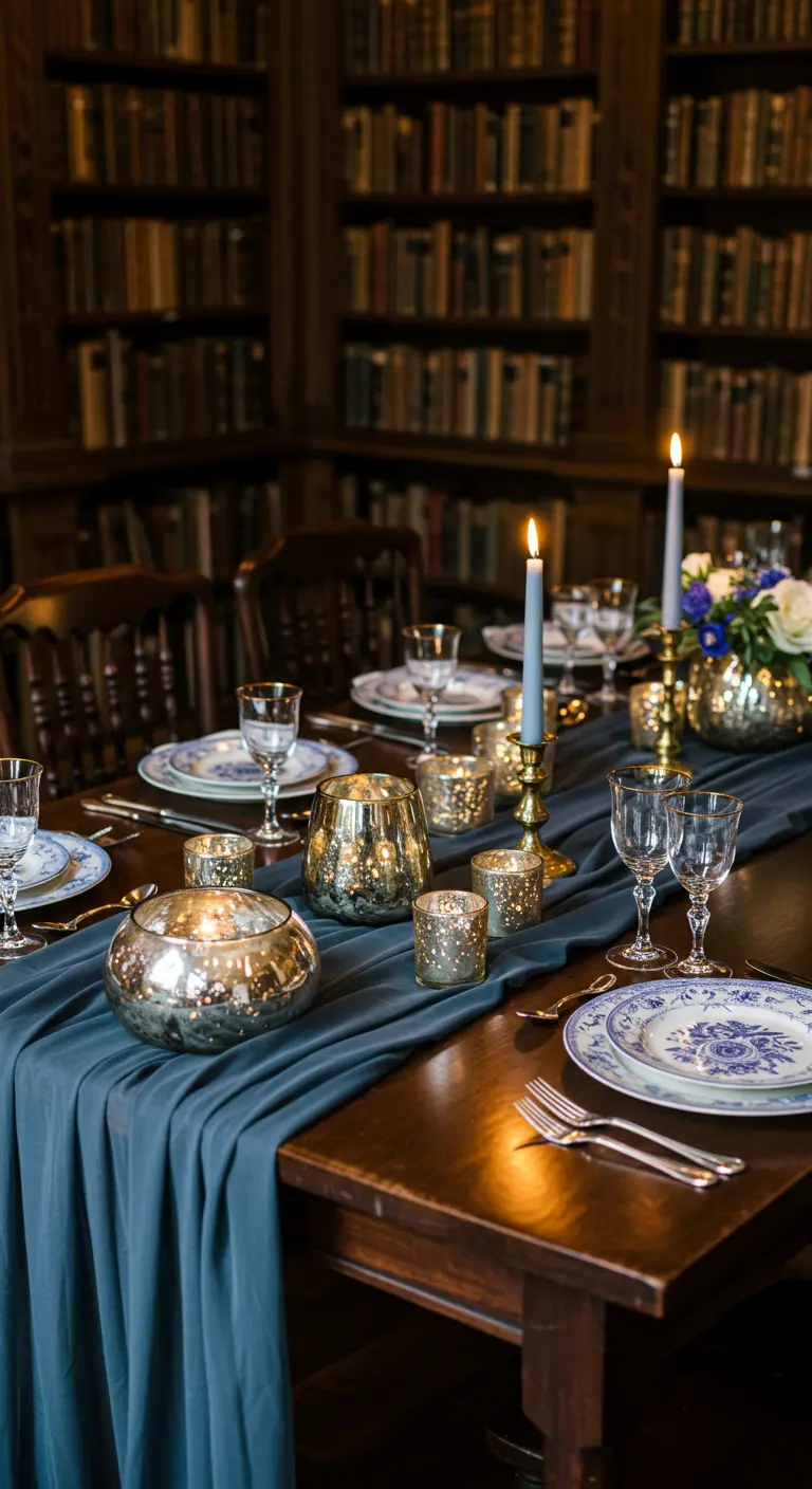 Elegant table in a library with a blue runner, mercury glass candles, and patterned plates.