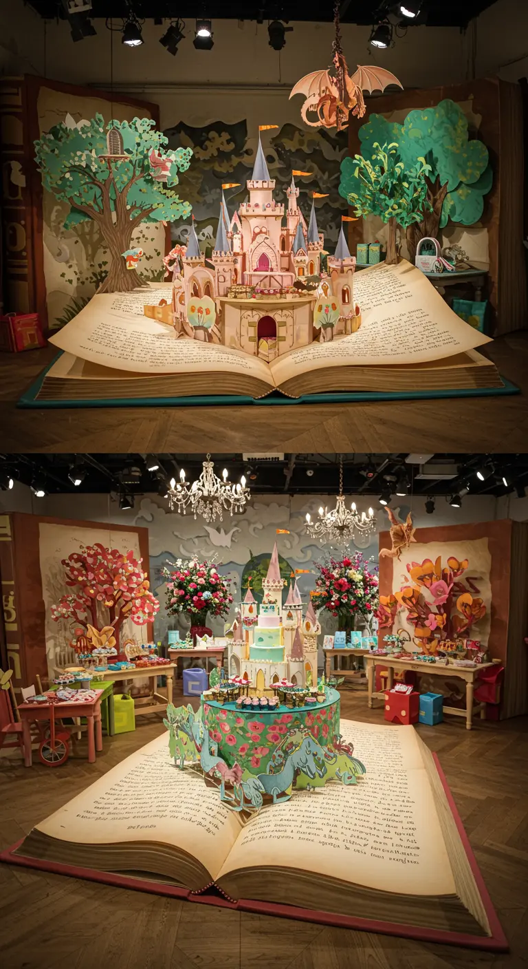 A giant pop-up storybook with a 3D castle, used as a party backdrop and dessert table.