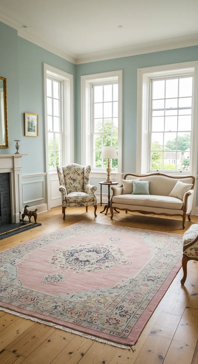 Floral wingback chair and light settee on a pink Oriental rug in a room with pale blue walls.