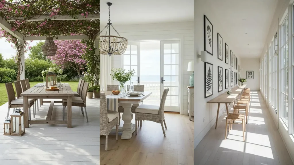Bright farmhouse dining spaces with whitewashed floors and wicker chairs, flooded with natural light.