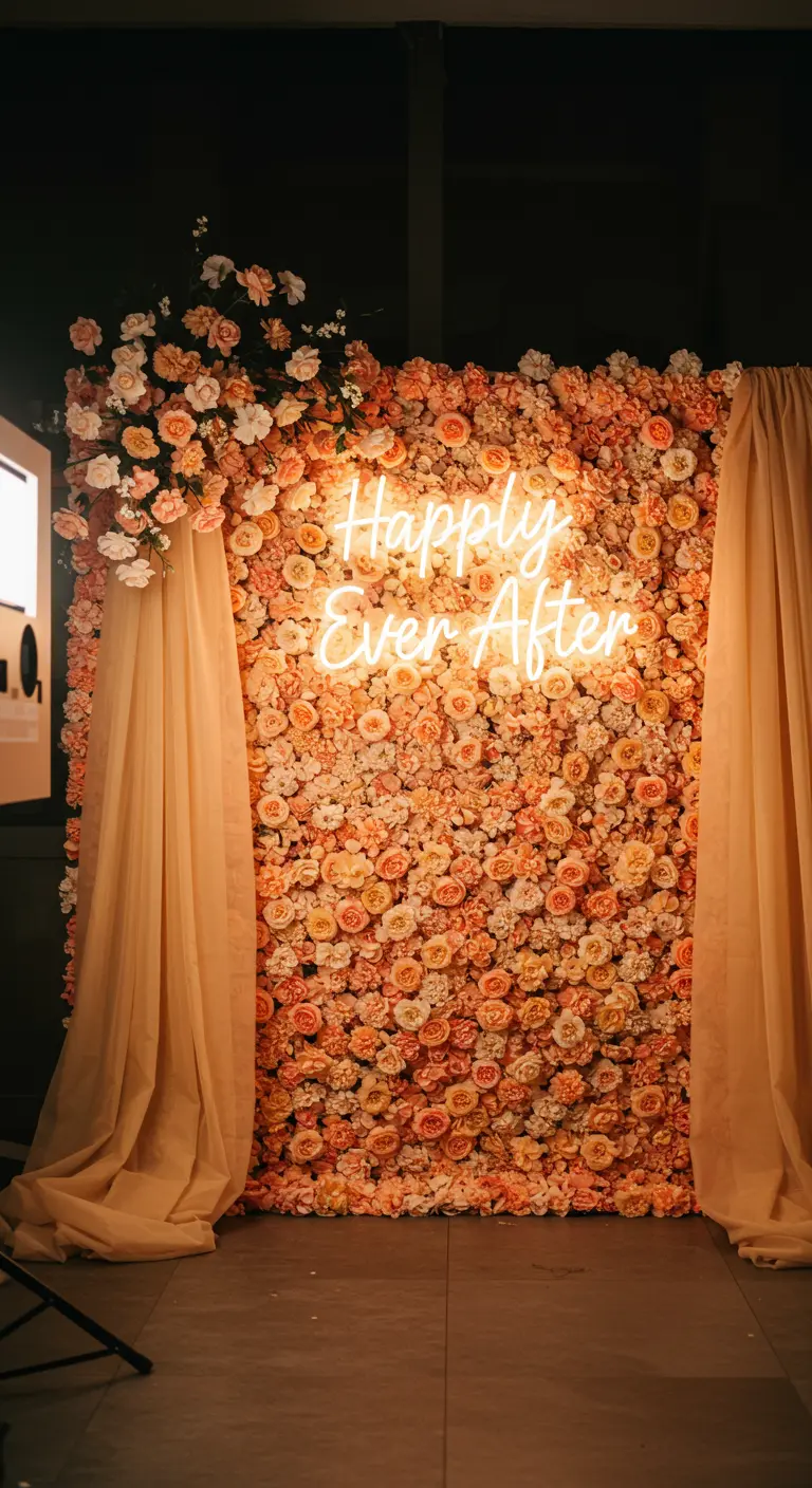 A 'Happily Ever After' neon sign glowing on a dense wall of peach and white roses.