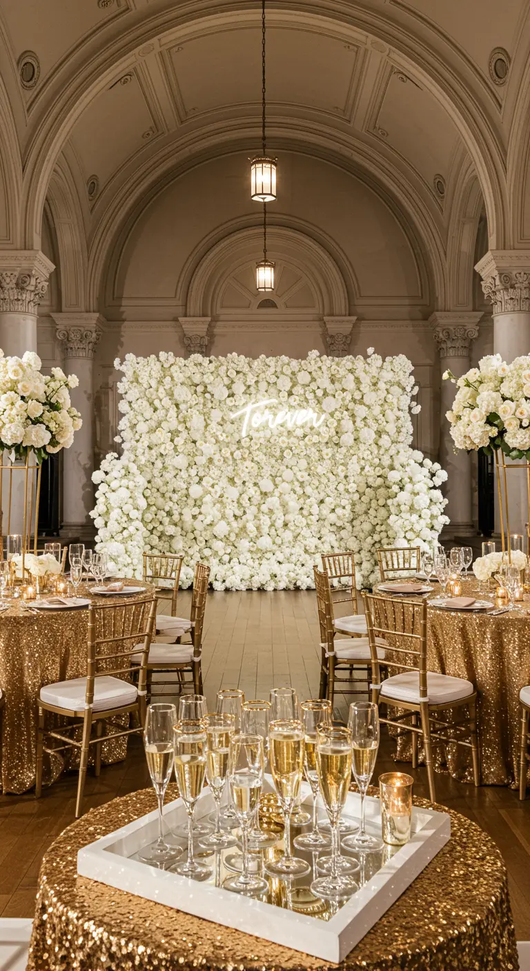 A wedding reception with a lush white flower wall featuring a white neon