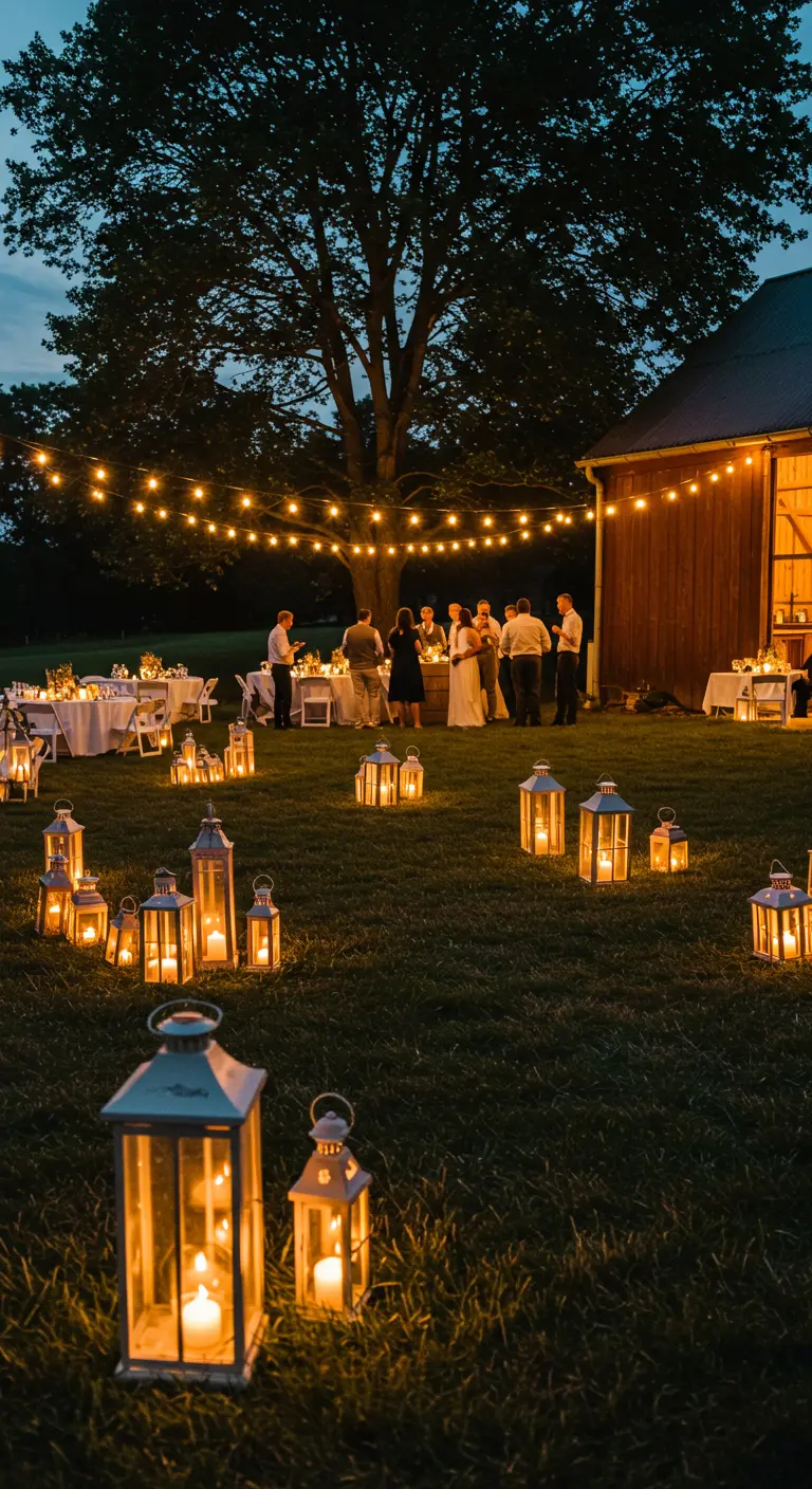 A grassy lawn at night lit by dozens of lanterns creating a magical pathway.
