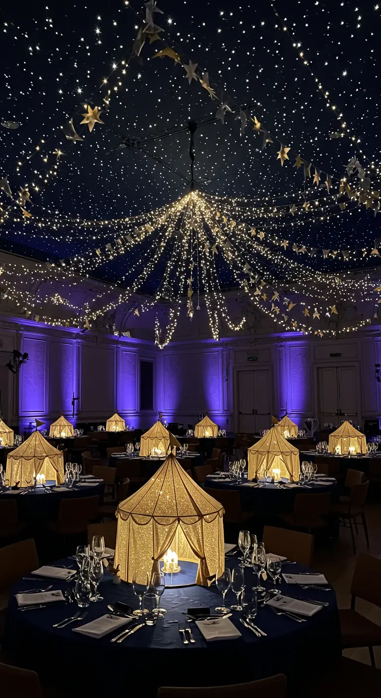 A dark room with a starry ceiling of lights and glowing tent centerpieces.