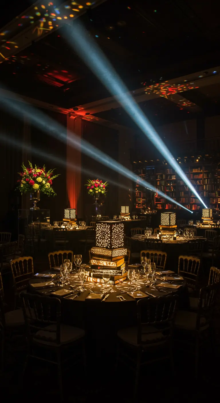 A dark, dramatic party scene with lantern centerpieces on book stacks and spotlights.