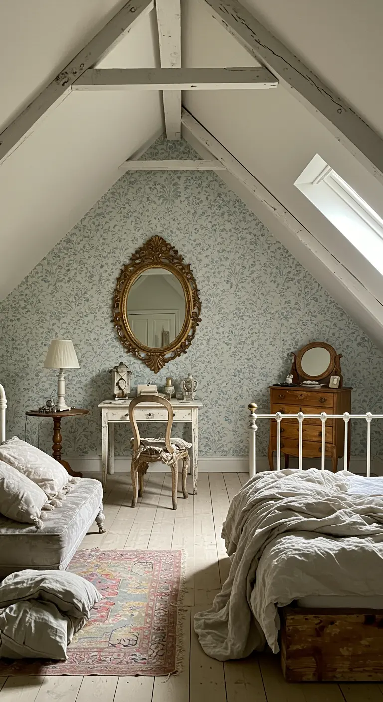 Attic bedroom with light blue floral wallpaper, a gilt mirror, and distressed white furniture.