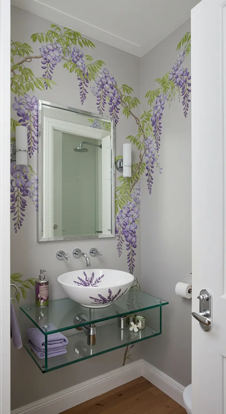 Powder room with wisteria Chinoiserie wallpaper and a floating glass shelf.