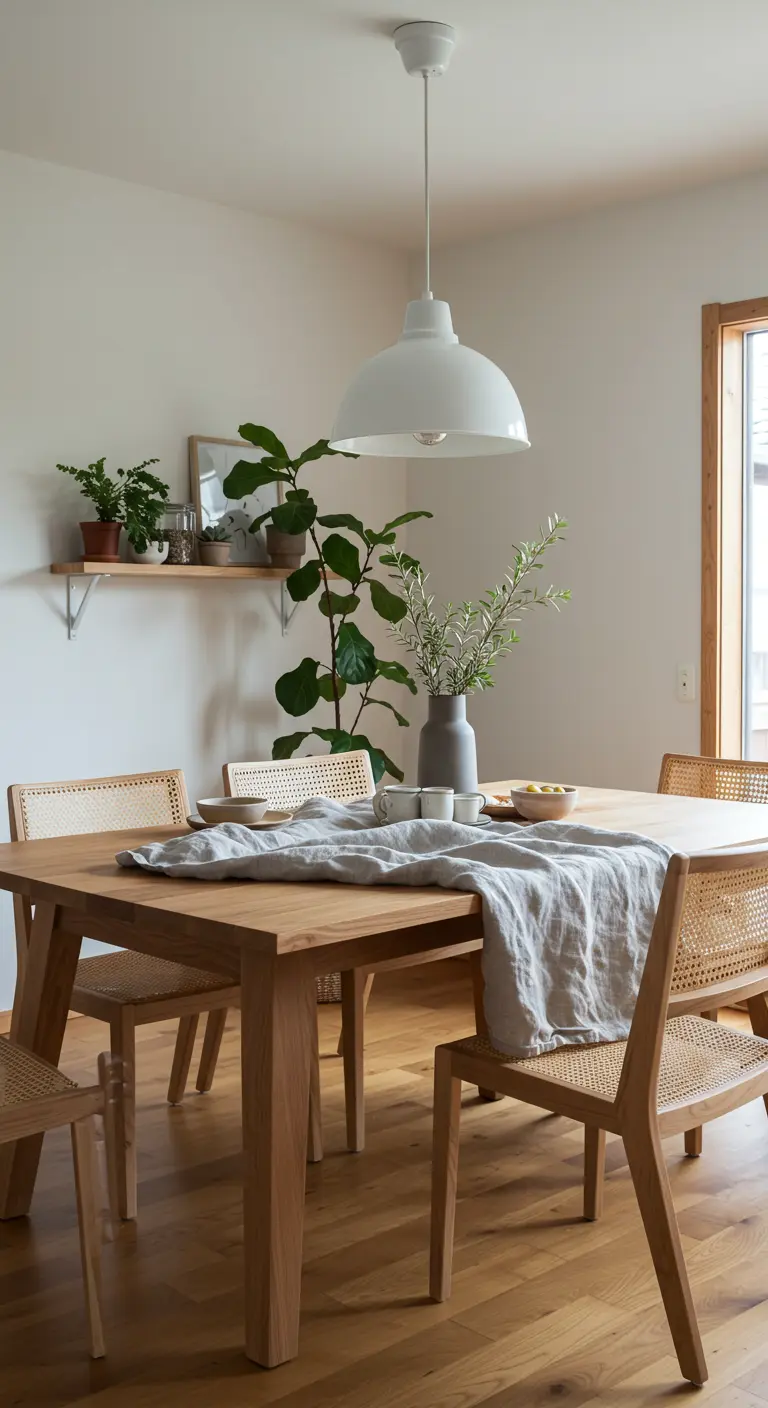 Oak dining table with woven cane chairs and a simple plant shelf.