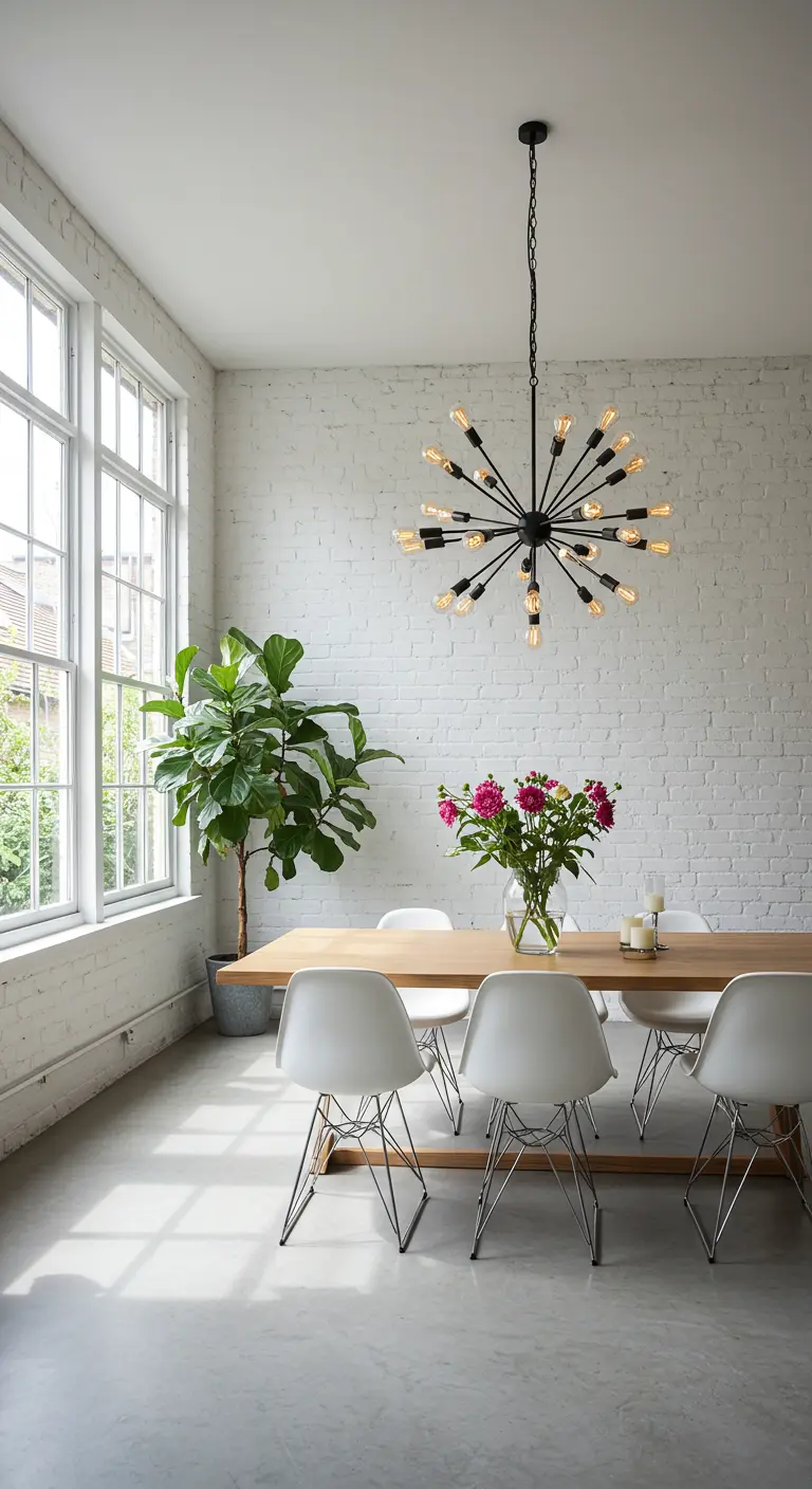 Bright dining area with whitewashed brick, a sputnik chandelier, and white modern chairs.