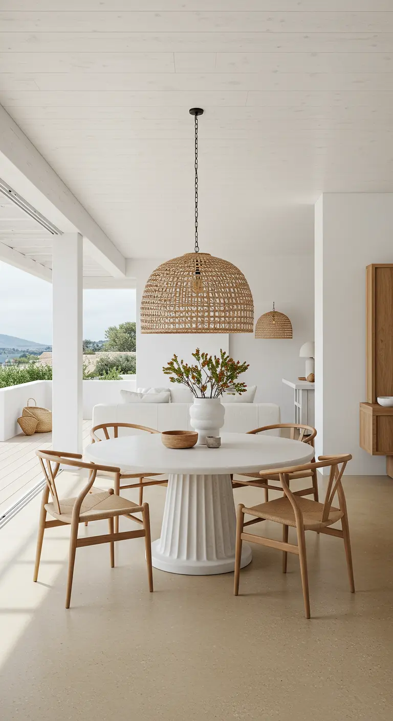 Airy dining room with a large woven pendant and light wood chairs.
