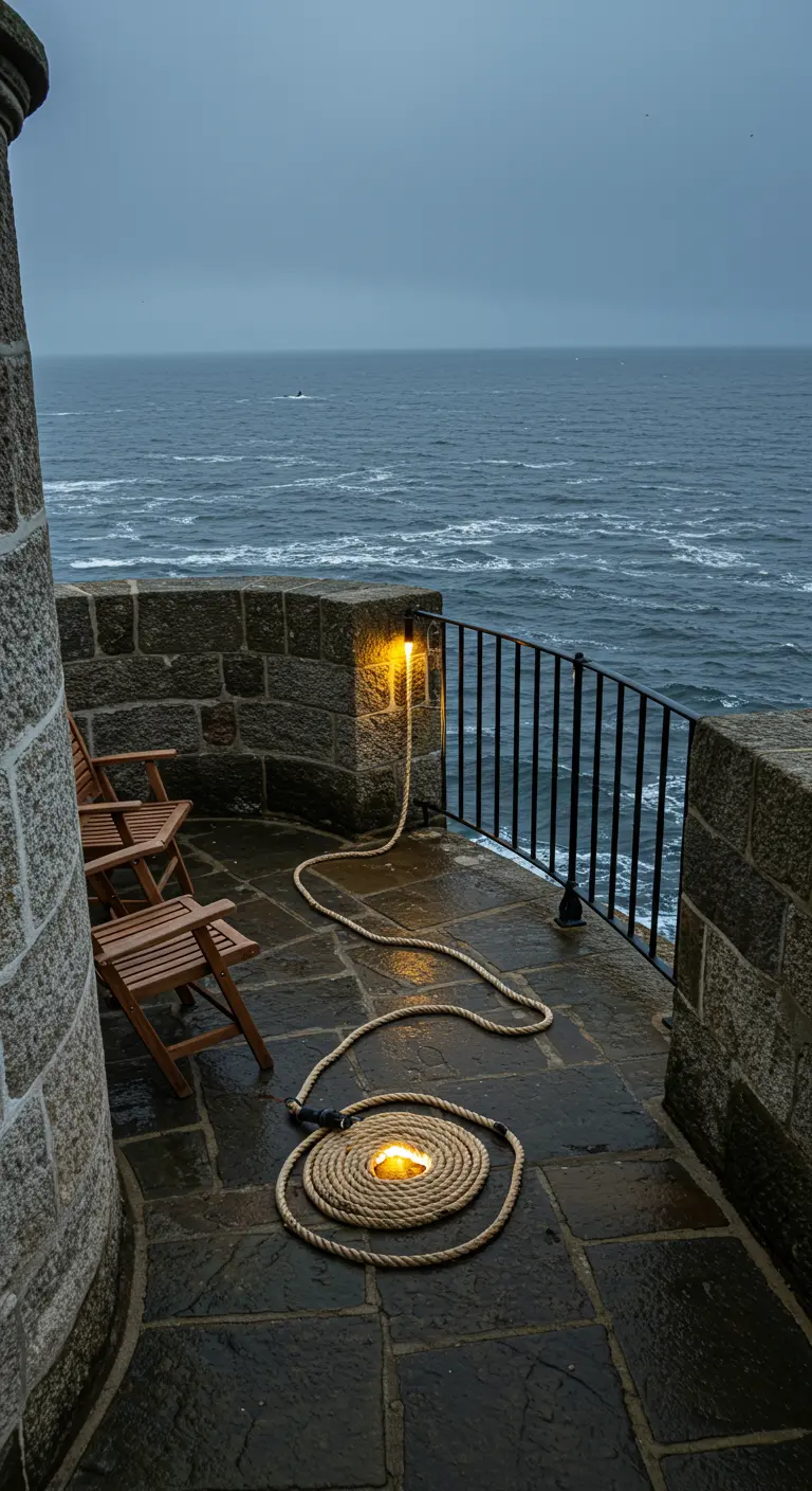 A coiled rope light on a stone balcony floor, with the rest draped over the railing.