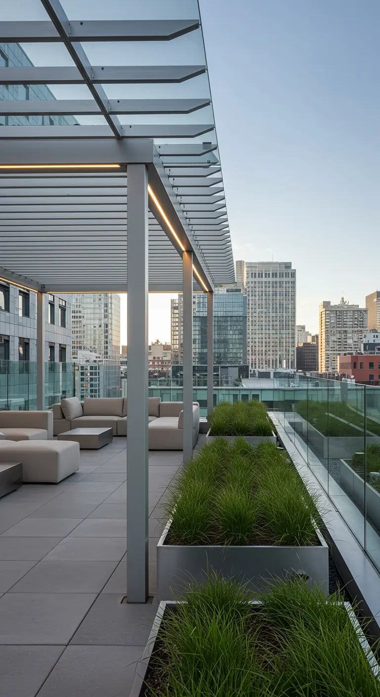 A modern rooftop terrace with a metal pergola featuring integrated linear LED lighting and rows of grasses.