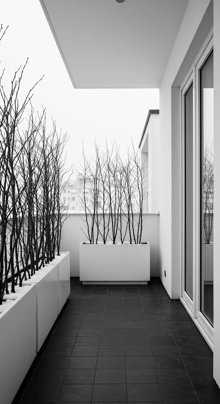 High-contrast black and white balcony with dark branches in long white planters.