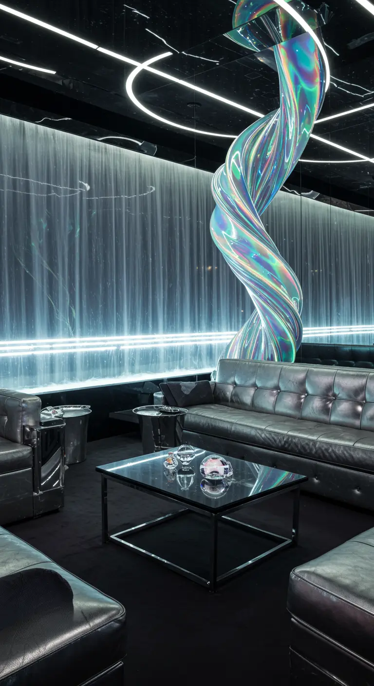 A sleek black lounge with a large iridescent spiral sculpture and a projected waterfall effect.