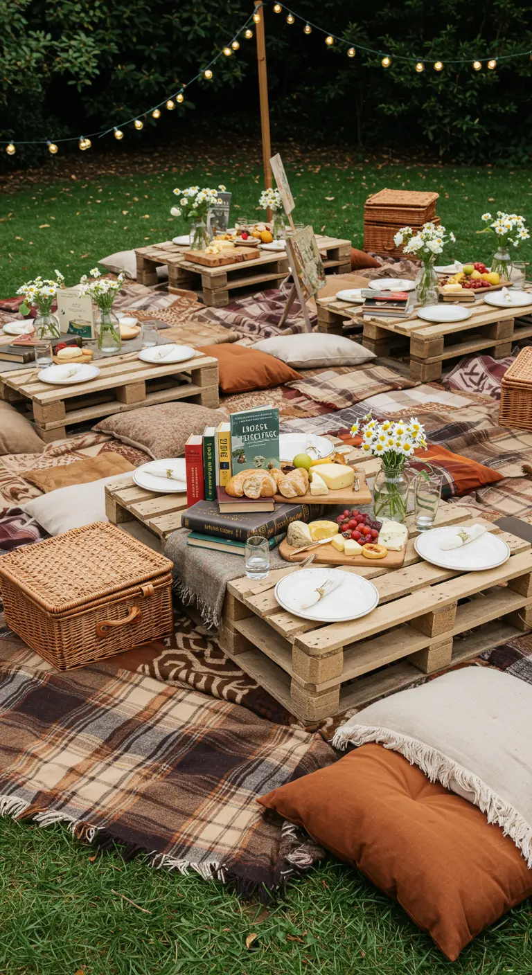 A cozy outdoor picnic with pallet tables, plaid blankets, pillows, and book centerpieces.