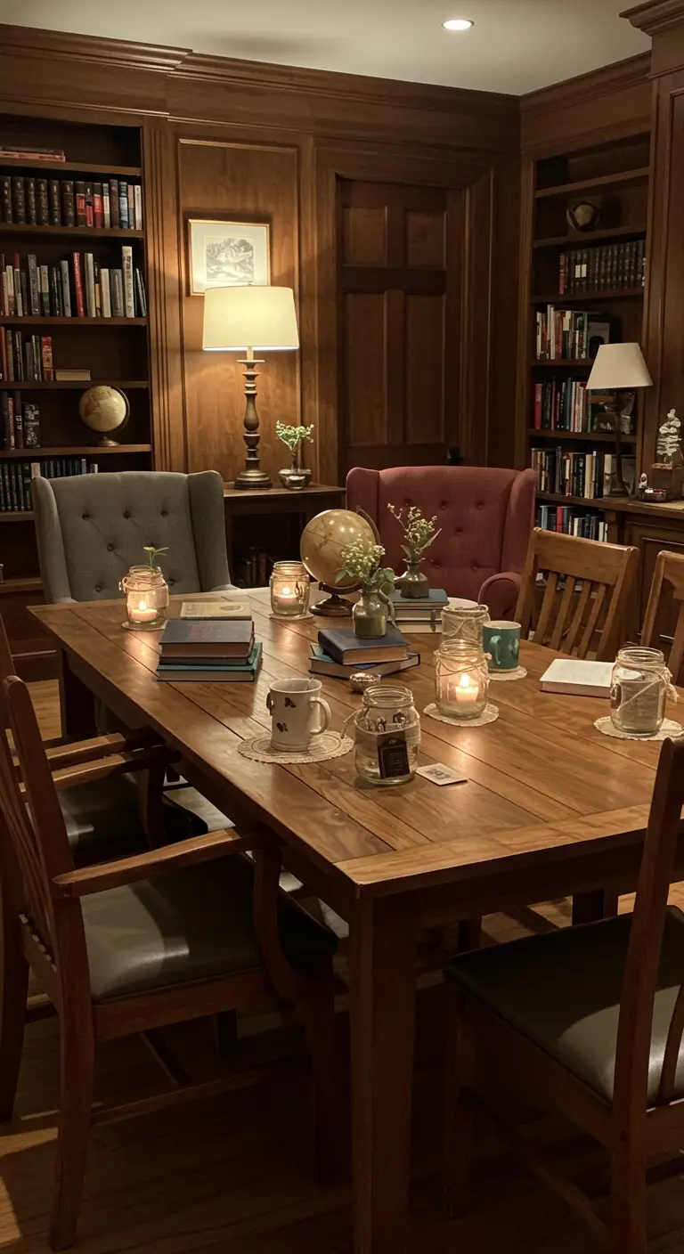 Cozy library room with a wooden table, books, globes, and glass jars holding candles.