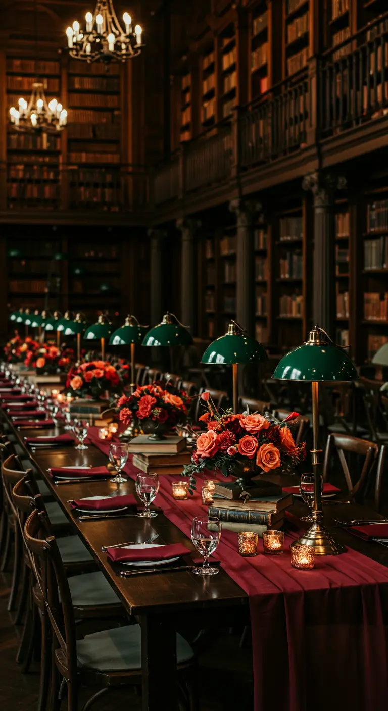 Moody library wedding table with green lamps, books, and coral rose arrangements.