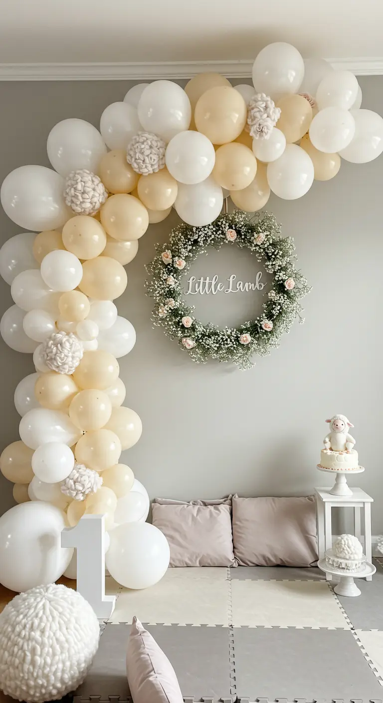 A cream and white balloon arch with textured pom-poms, for a 'Little Lamb' themed party.