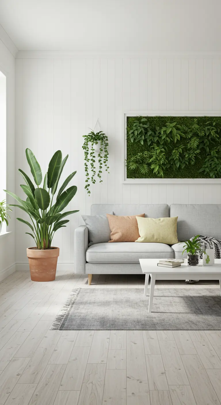 White living room with a large, framed section of living plants hanging on the wall like art.
