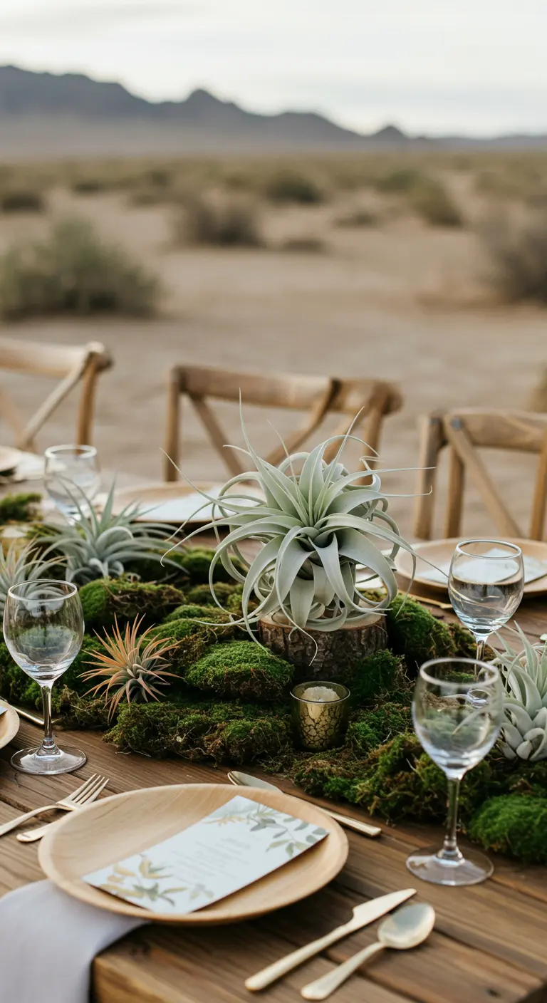 A wedding table centerpiece made of green moss, wood slices, and air plants.
