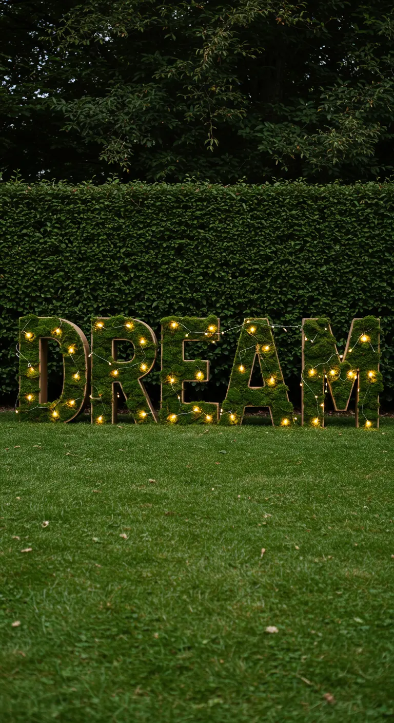 Large letters spelling 'DREAM' covered in moss and fairy lights on a lawn.