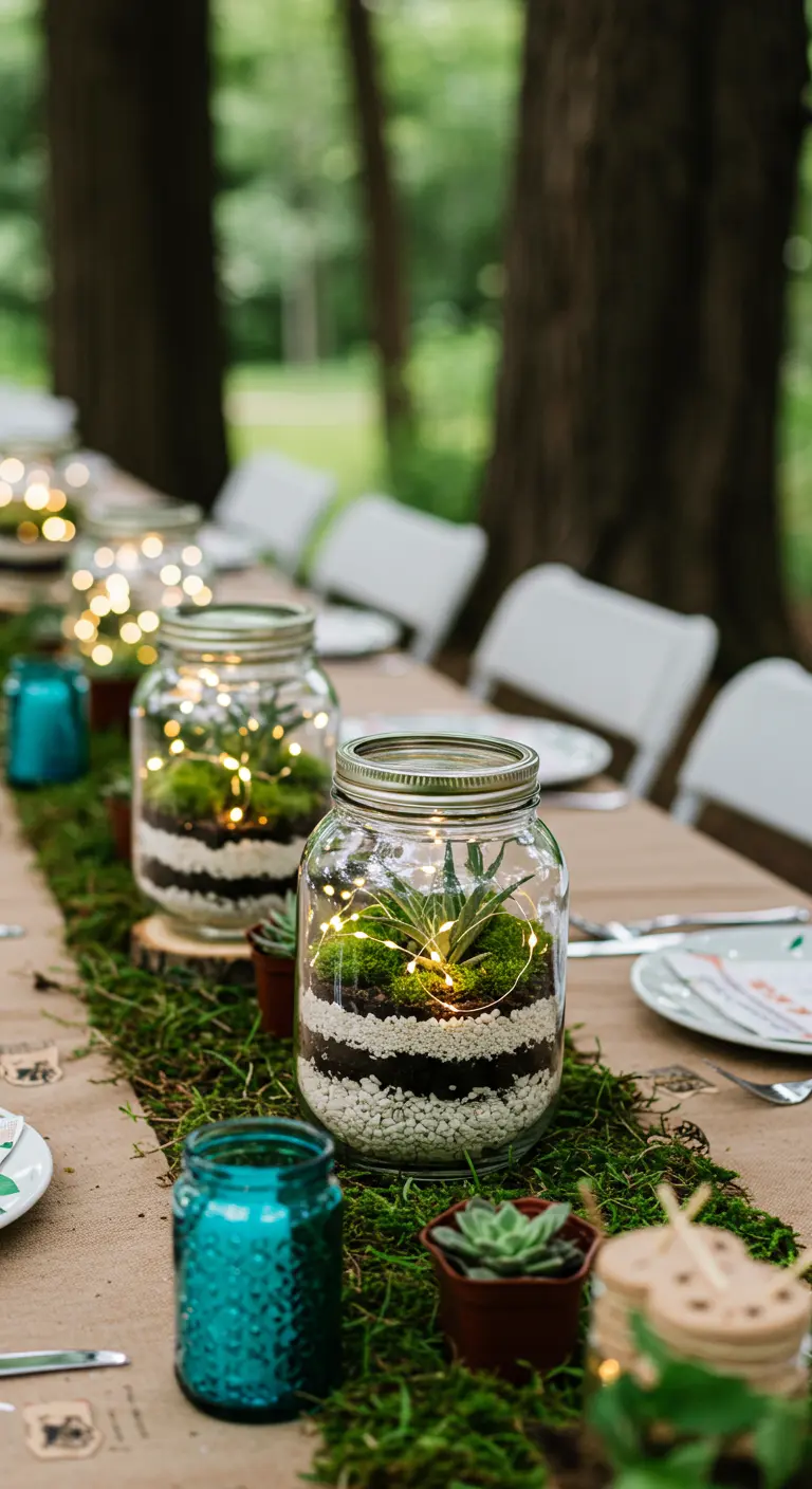 Mason jar terrariums with layers of sand, moss, succulents, and lights.