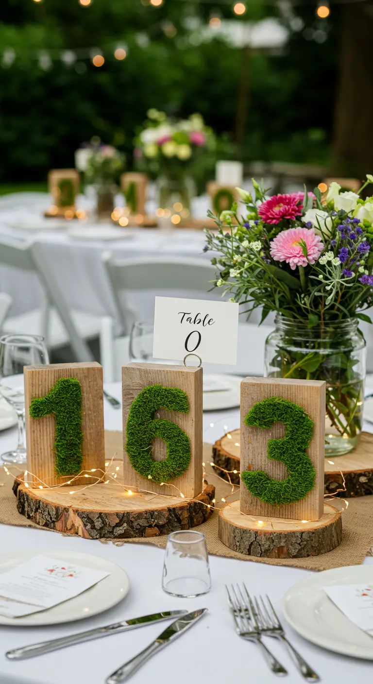 Wooden table numbers covered in moss, resting on wood slices with lights.